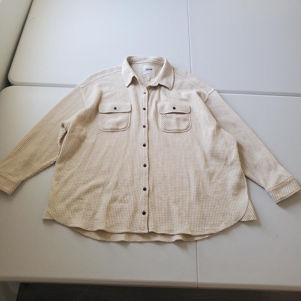 Aerie Button Up Shirt Womens Medium Lumber Jane Beige Waffle Knit Long Sleeve